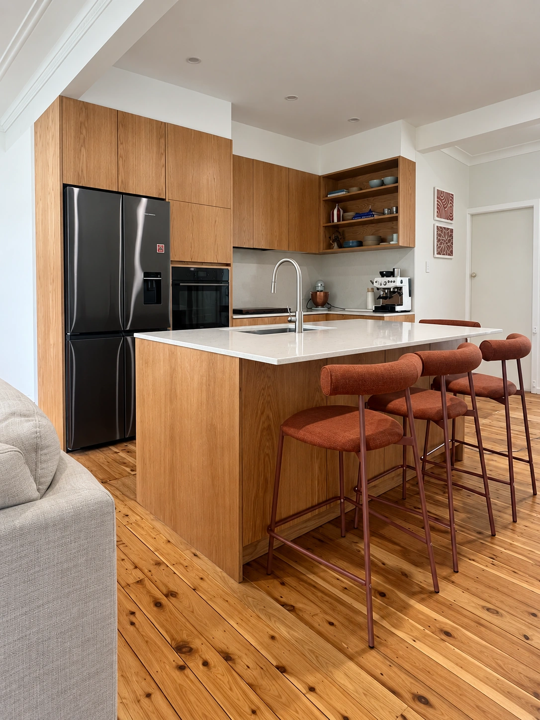 American white oak veneer kitchen with island and open shelving