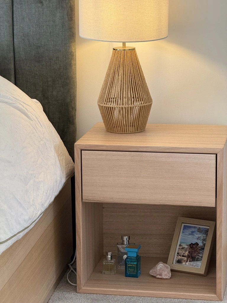 Timber bedside table drawer and open shelf