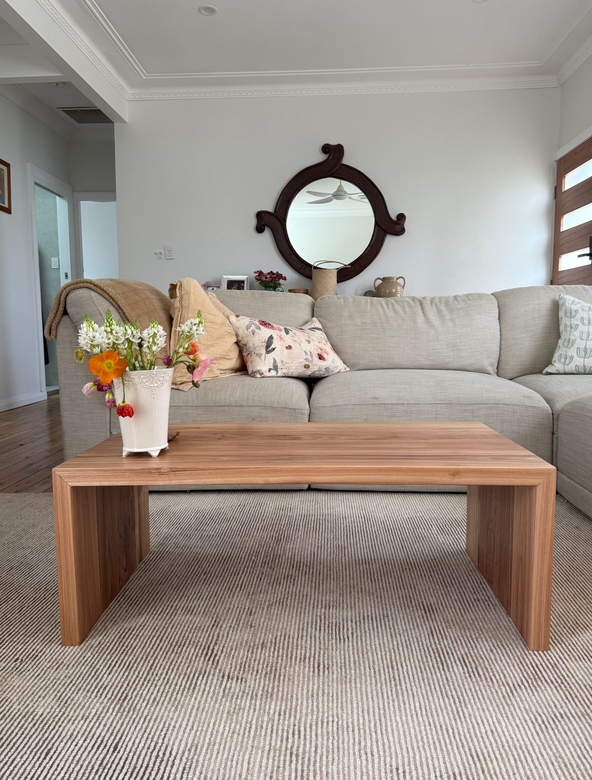 Solid timber coffee table in a living room